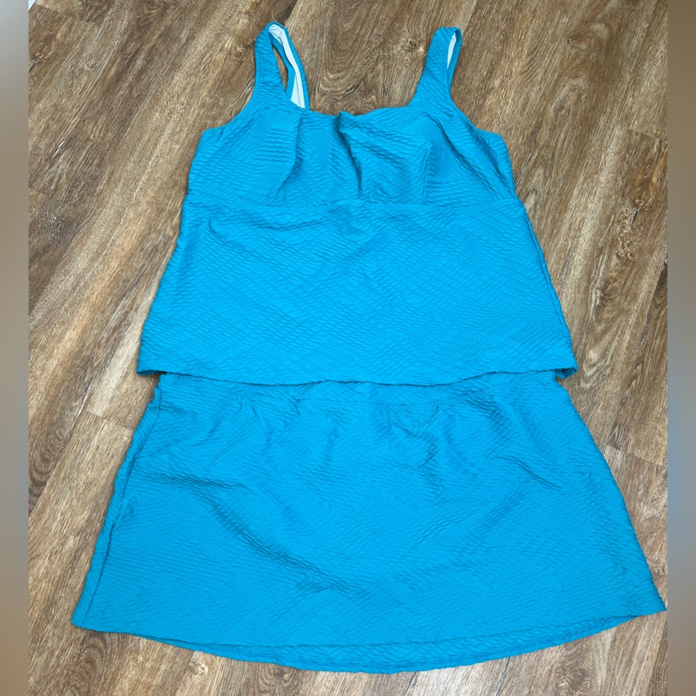 New Lands End Turquoise Jewel Textured Underwire Square Neck Skirt Tankini Sz 26